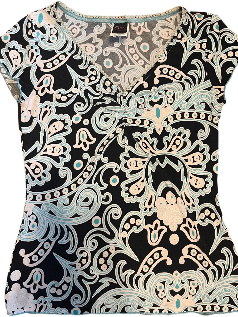 Vintage Y2K Wrapper Paisley V-Neck Women's Top - Black with Mint & Cream